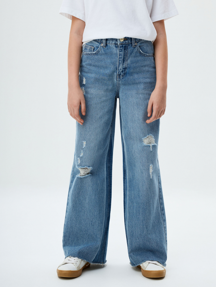 Рваные джинсы Wide leg для девочек джинсы декоративными