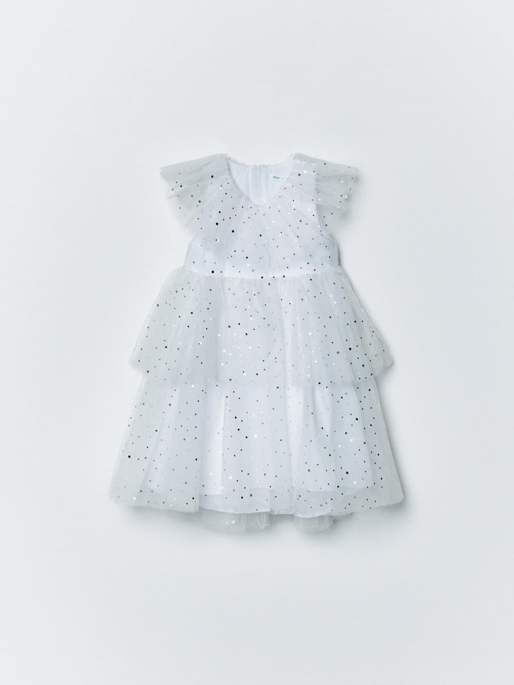 Белое пышное платье с блестящим принтом для девочек, SL5811040709 
Белое пышное платье с блестящим принтом для девочек, SL5811040709