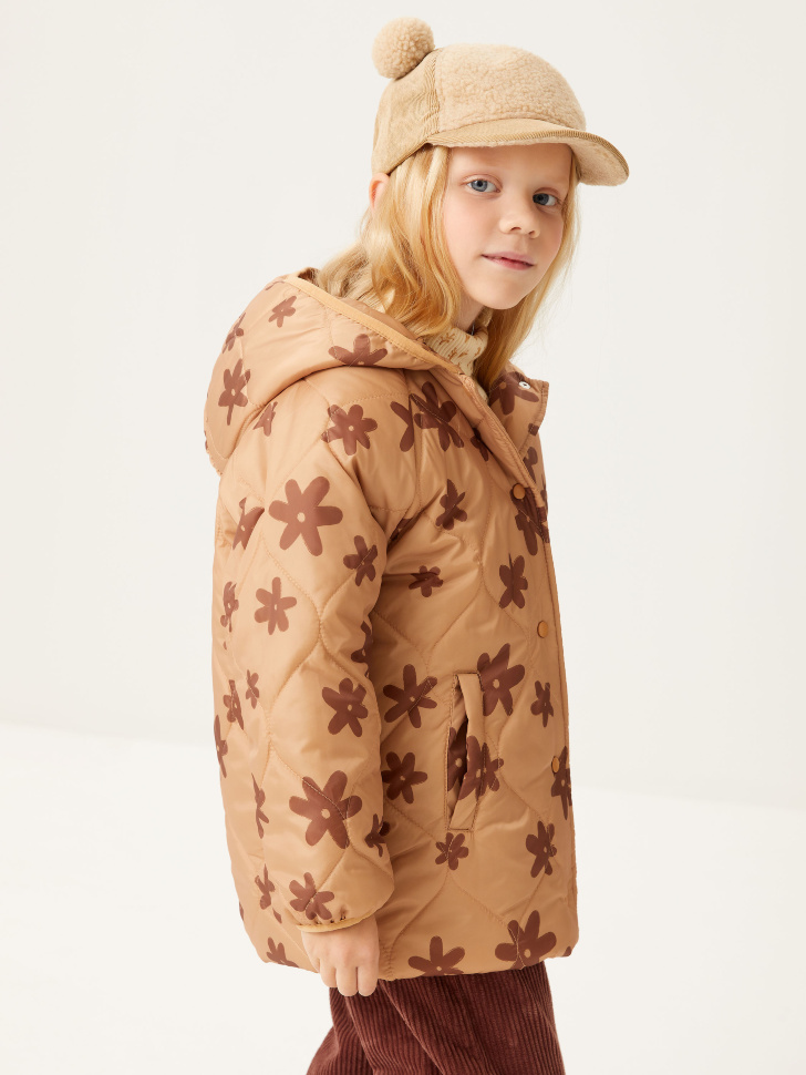 Стеганая куртка с принтом для девочек, Бежевый 
Стеганая куртка с принтом для девочек, Бежевый