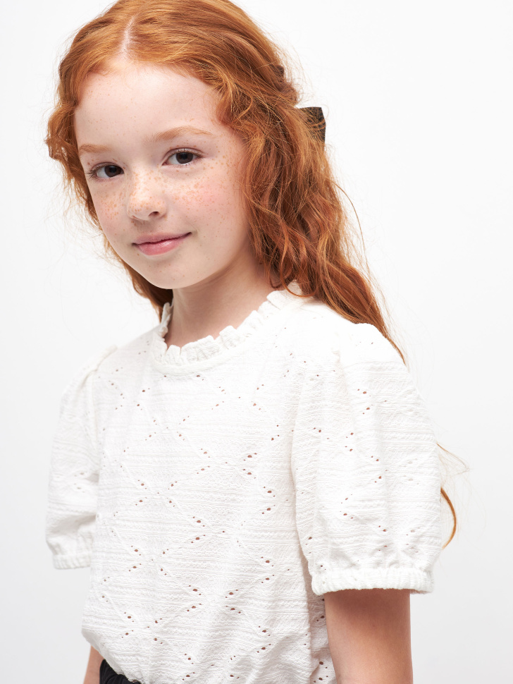 фото Кружевная блузка с рукавами-фонариками для девочек (белый, 140) sela