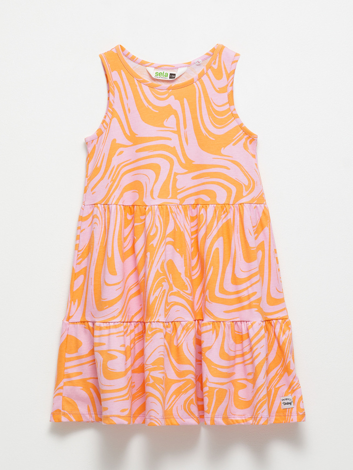 Трикотажное платье с принтом для девочек (оранжевый, 152) sela 4680129766467 - фото 1