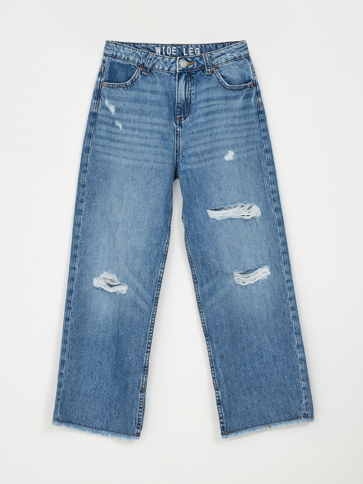 Рваные широкие джинсы для девочек (синий, 140)