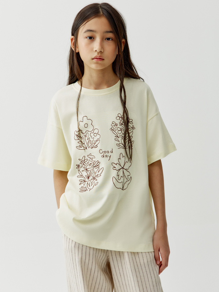 Футболка оверсайз Sela с вышивкой, бежевый, арт. 52819