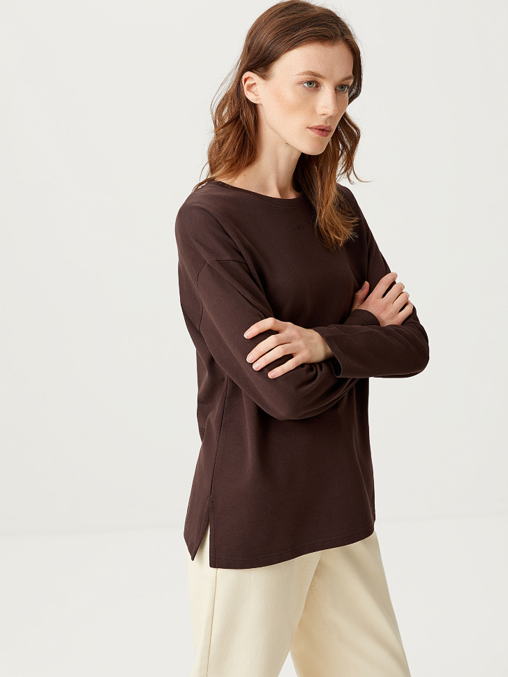 

Трикотажный лонгслив с вышивкой, Коричневый
