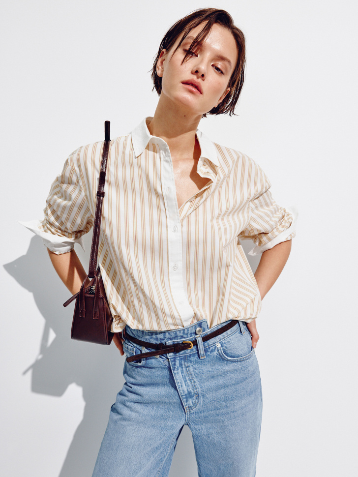 Рубашка SELA оверсайз в полоску из хлопка, бежевый, арт. 44904