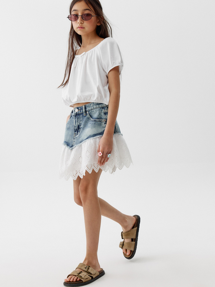 джинсовая юбка с оборкой из шитья для девочек 4610517989215 фотография