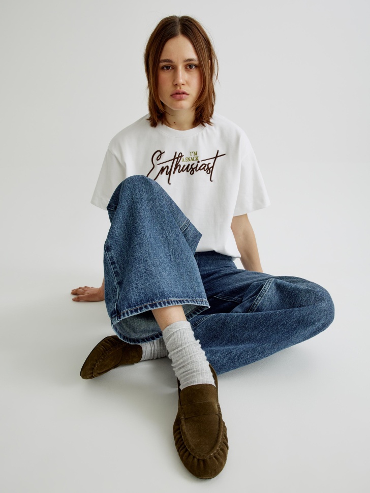 Джинсы SELA широкие на высокой посадке с вышивкой, синий, арт. 40759