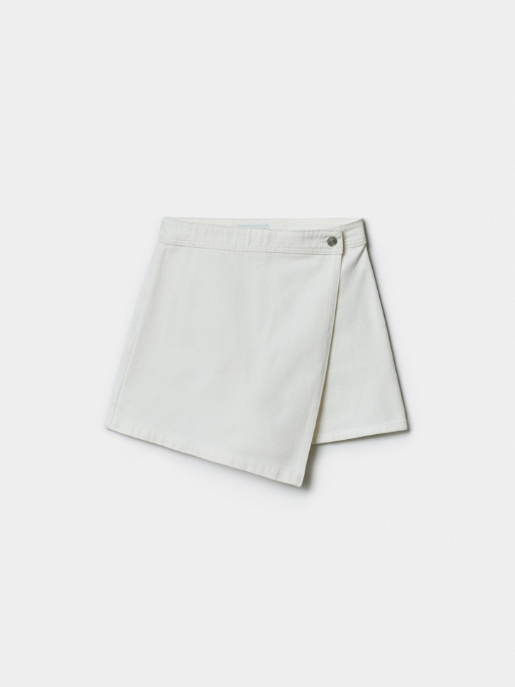 джинсовая мини юбка-шорты с запахом из хлопка спереди