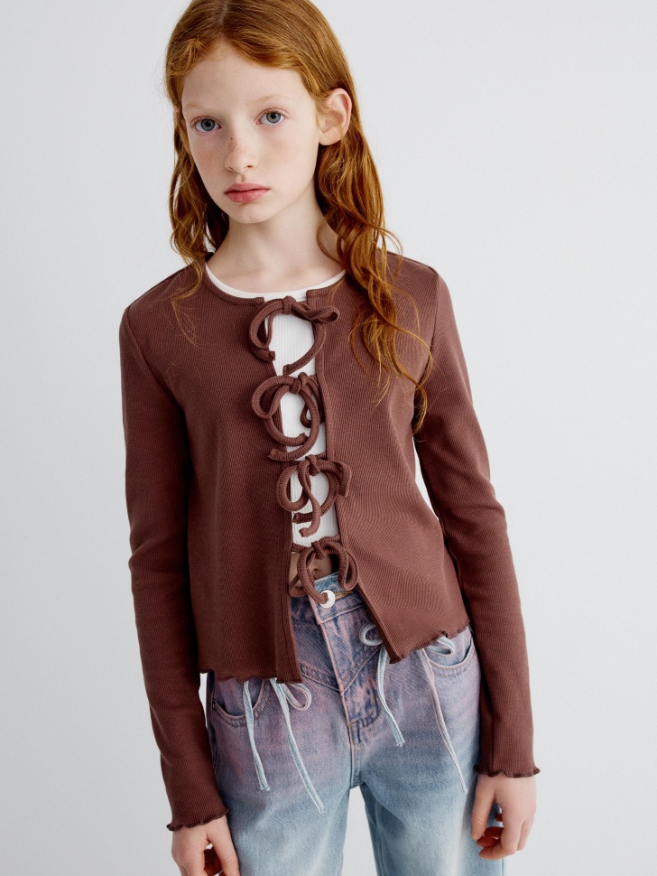 Трикотажный кардиган SELA на завязках, коричневый, арт. 33952