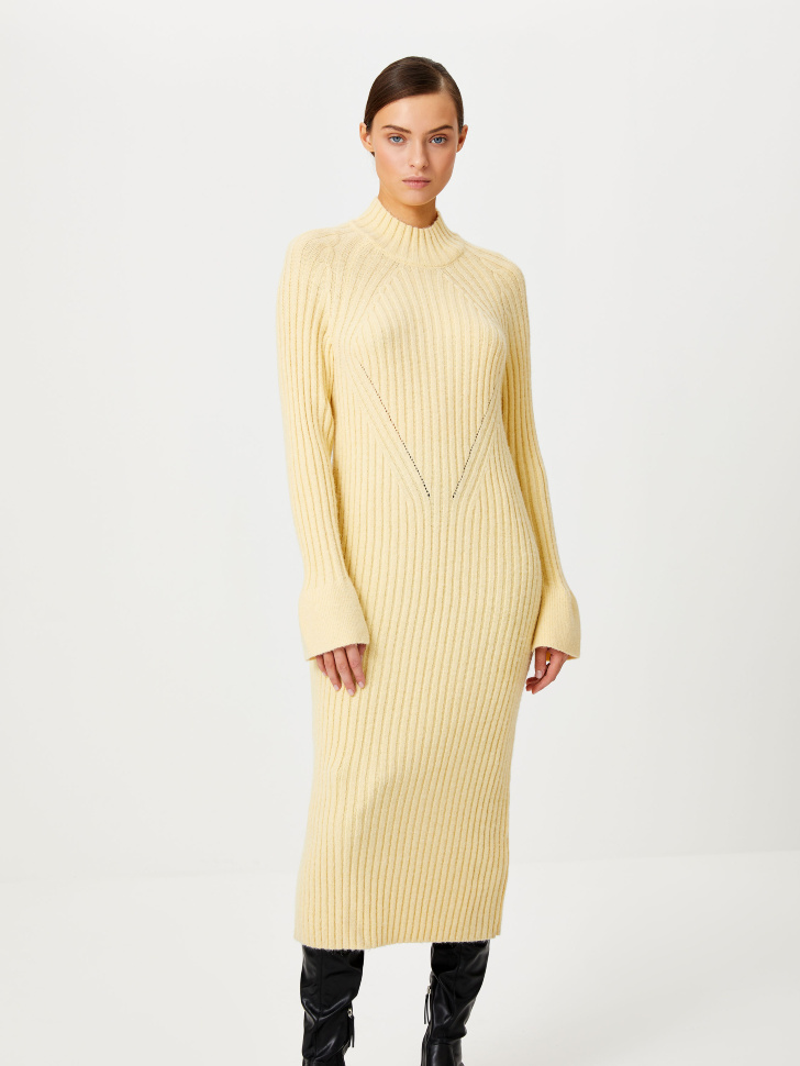 фото Вязаное платье миди в рубчик (желтый, xs) sela