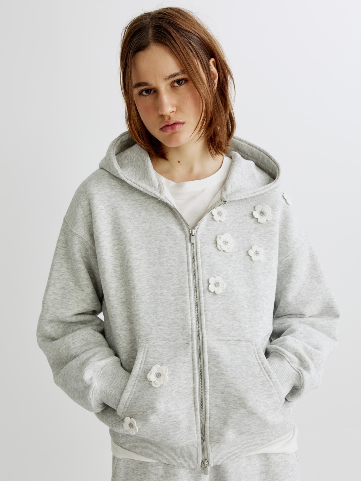 худи на молнии с цветочным декором из хлопка спереди