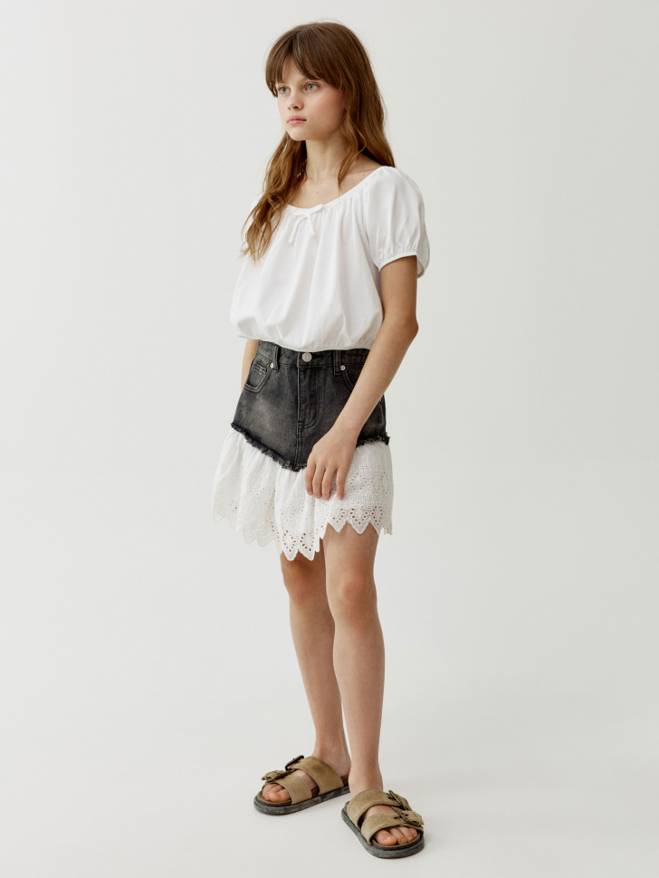 джинсовая юбка с оборкой из шитья для девочек из россии вид сбоку