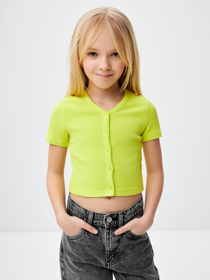 Укороченная футболка в рубчик для девочек (зеленый, 134)
