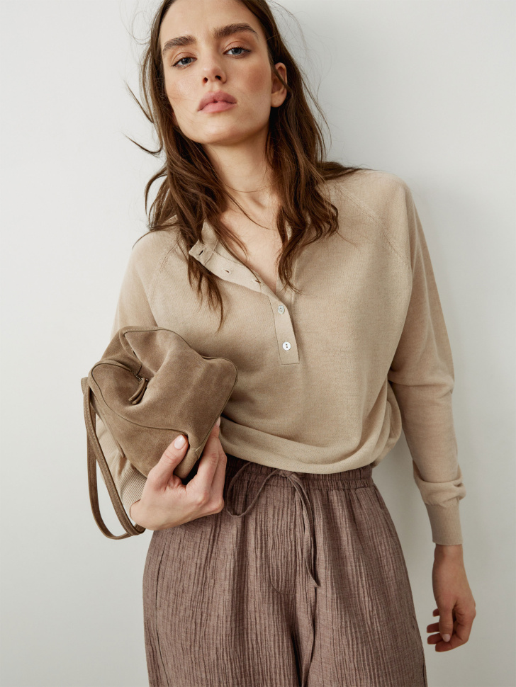 Джемпер Sela на пуговицах из лиоцелла и льна, бежевый, арт. 44316