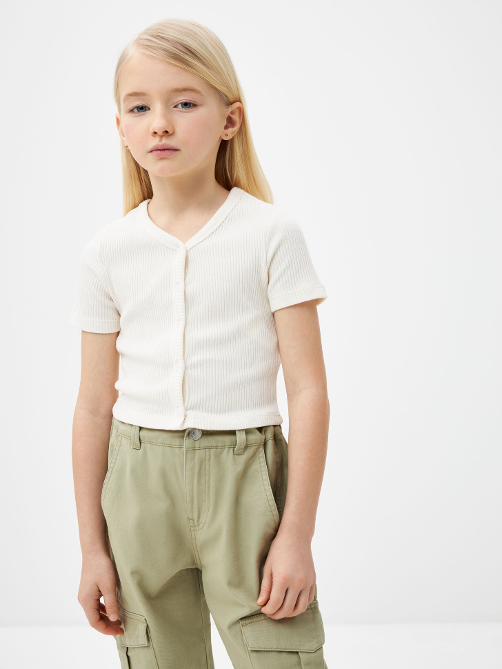 Укороченная футболка в рубчик для девочек (белый, 122)