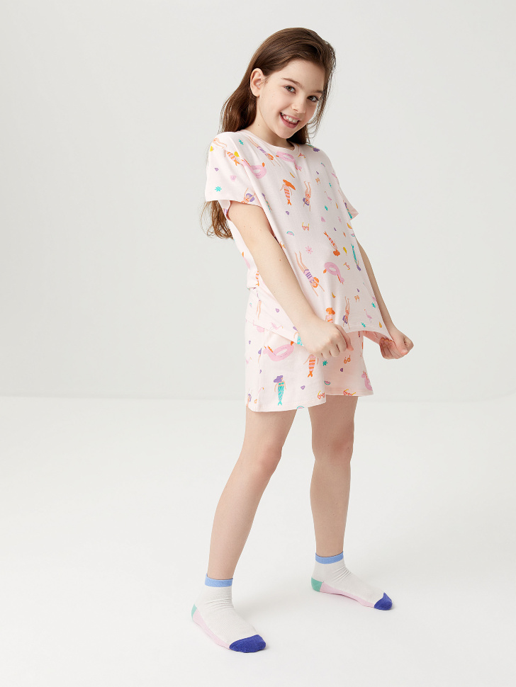 Трикотажная пижама с принтом для девочек (розовый, 134-140 (9-10 YEARS))