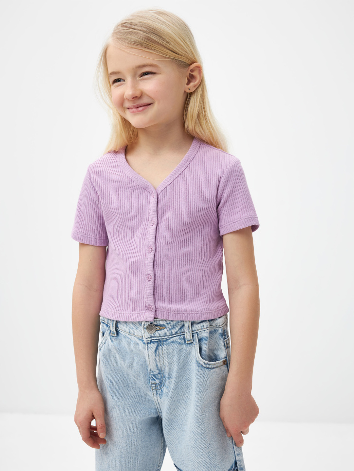 Укороченная футболка в рубчик для девочек (голубой, 140)