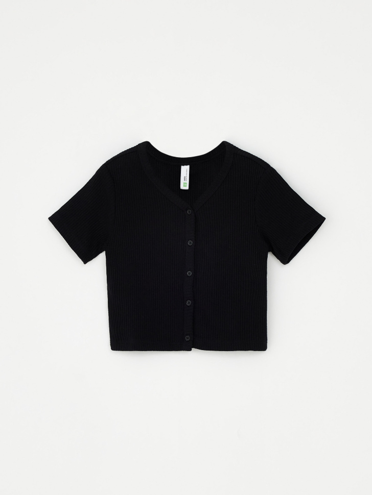 Укороченная футболка в рубчик для девочек (черный, 152)