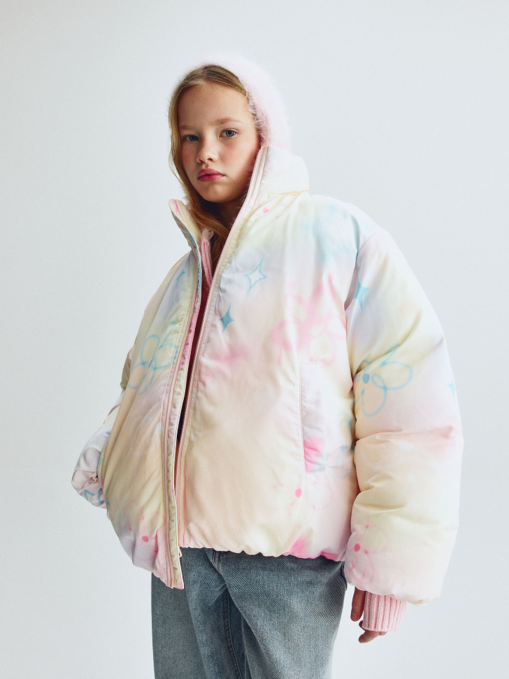 

Дутая стеганая куртка с принтом для девочек, SL6802051110