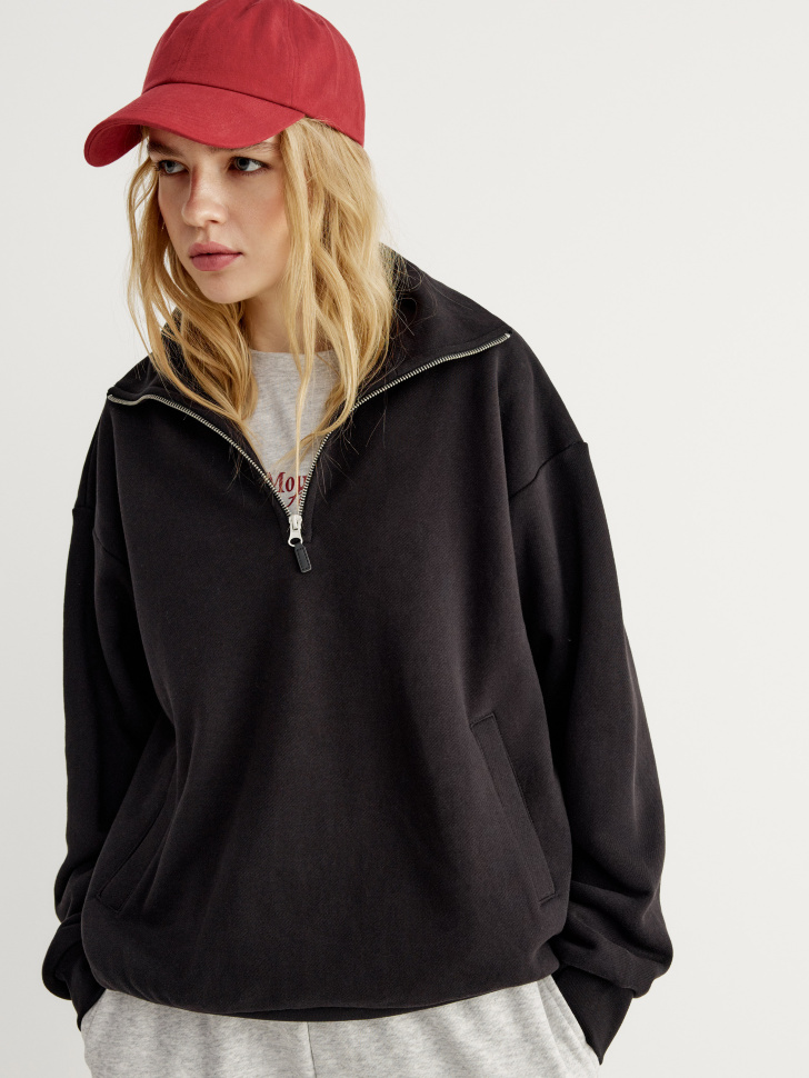 Свитшот SELA оверсайз с воротником на молнии, черный, арт. 43038