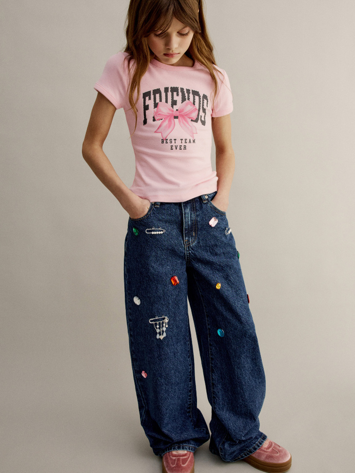 

Широкие джинсы с декором для девочек, SL6804051413