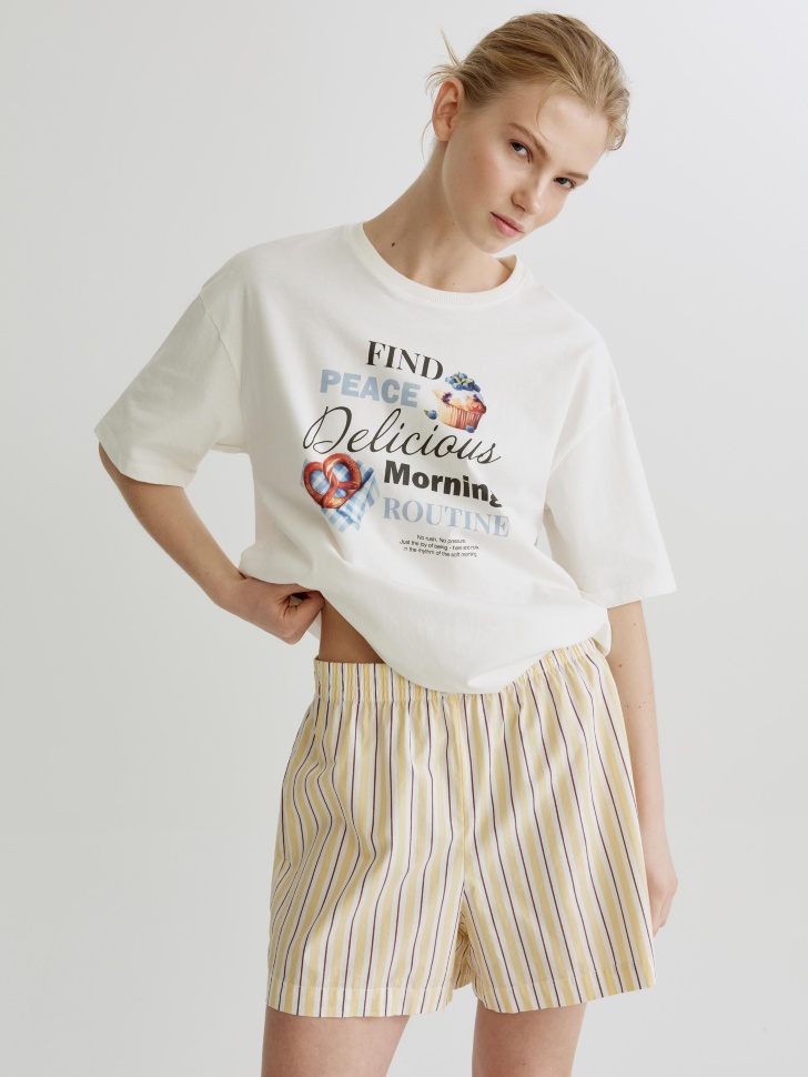 Домашняя футболка SELA оверсайз с принтом, бежевый, арт. 41449