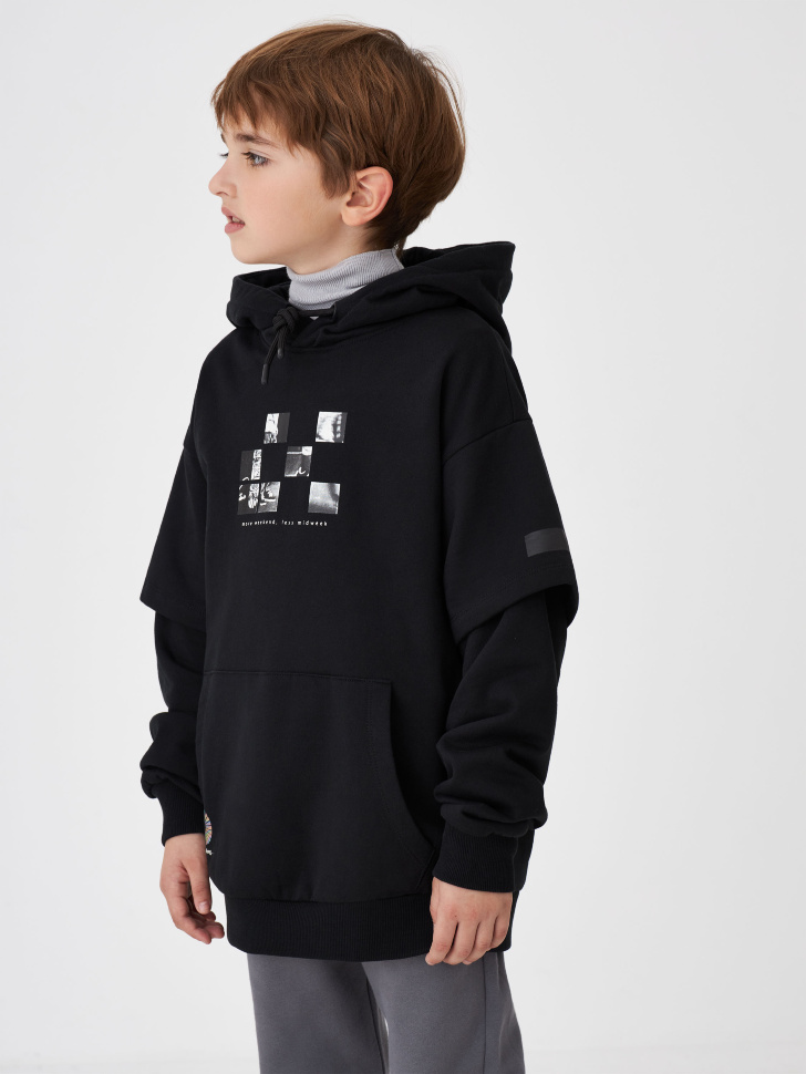

Многослойное худи с принтом для мальчиков, Черный