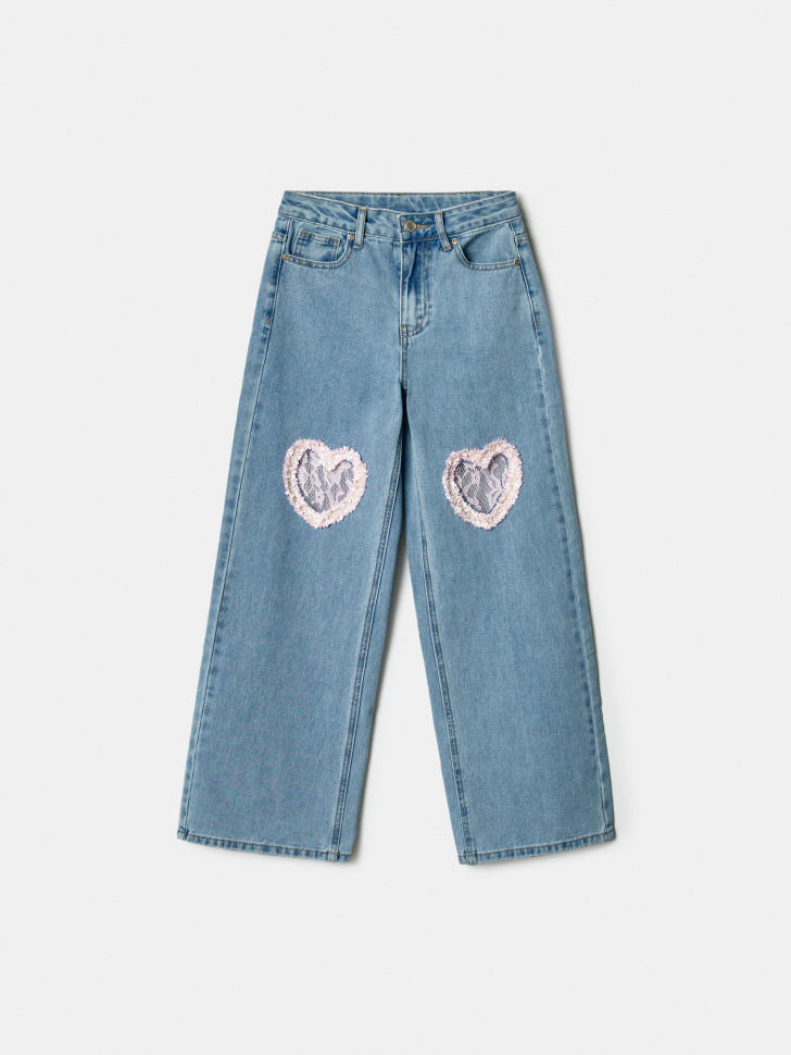 Джинсы SELA широкие для девочек с вырезами в форме сердца, голубой, арт. 41805