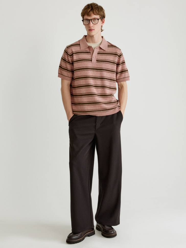 вязаное поло с коротким рукавом в полоску из шерсти спереди