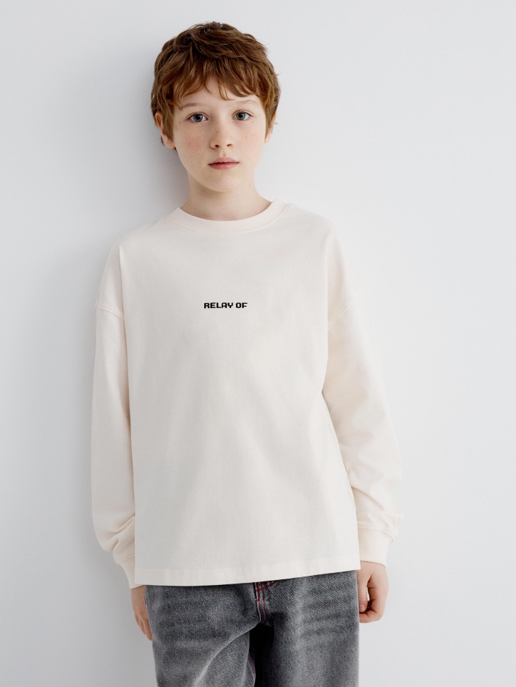 Лонгслив оверсайз с новогодним принтом, бежевый, арт. 15459