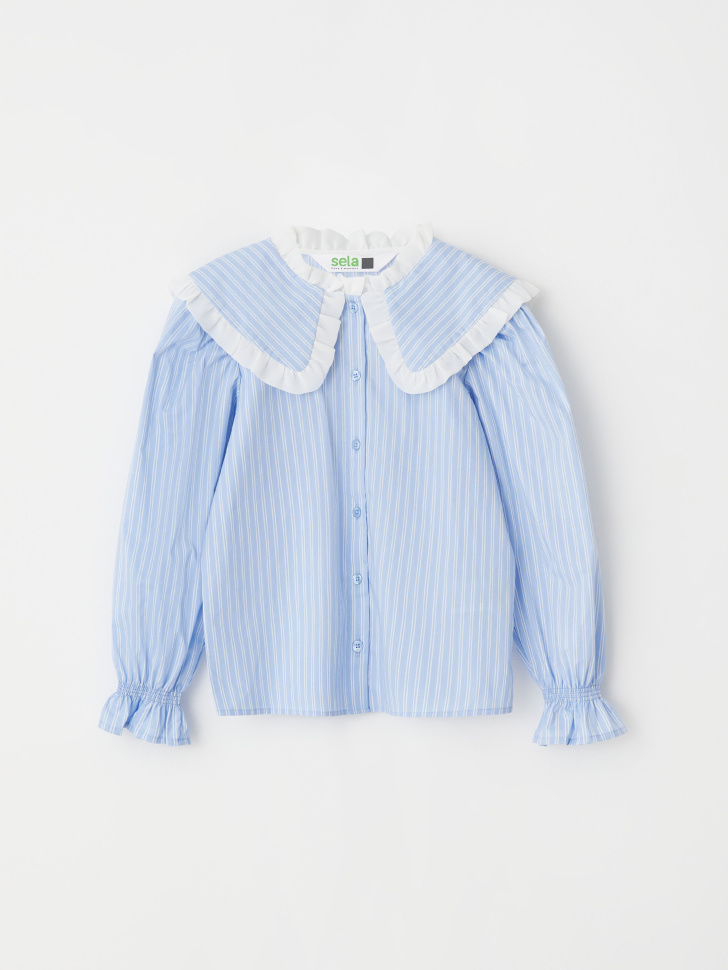 Блузка в полоску с фигурным воротником для девочек (голубой, 134/ 9-10 YEARS) от Sela
