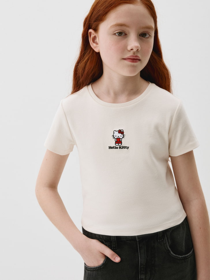 

Укороченная футболка с принтом Hello Kitty для девочек