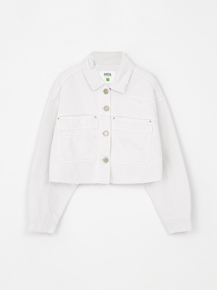 Джинсовая куртка с потертостями для девочек (белый, 116) sela 4680168551239 - фото 3