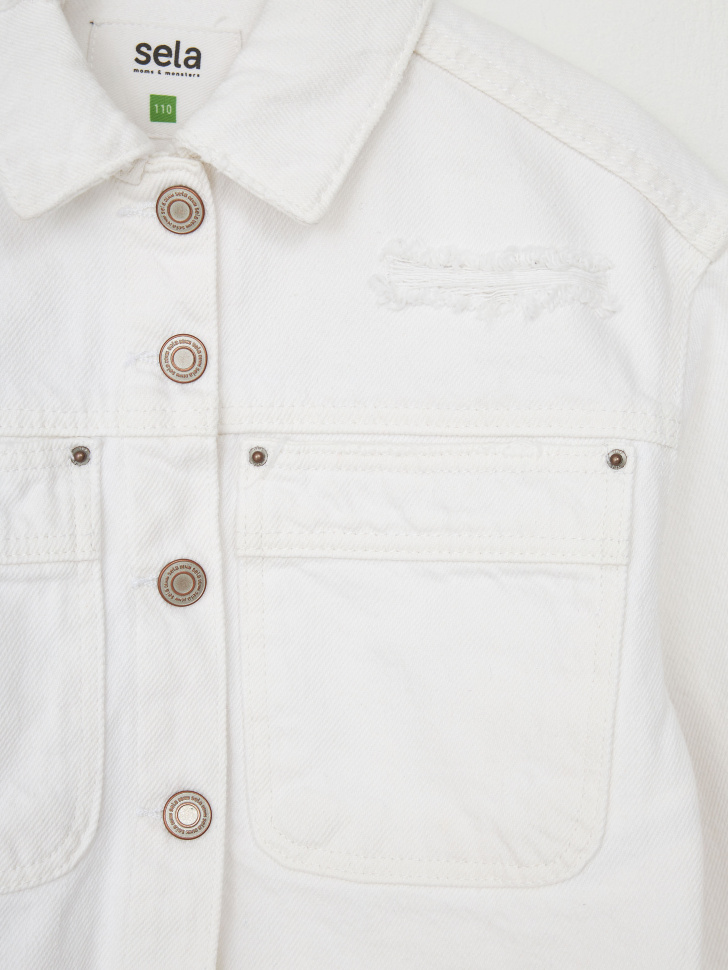 Джинсовая куртка с потертостями для девочек (белый, 116) sela 4680168551239 - фото 5