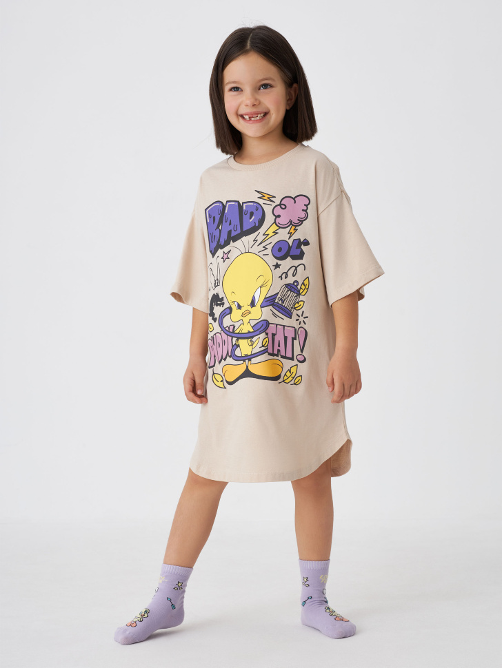 Ночная сорочка с принтом  Looney Tunes для девочек (бежевый, 122-128)