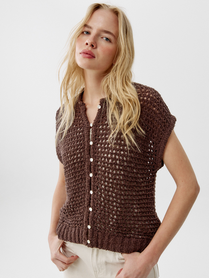 Кардиган Sela с коротким рукавом фактурной вязки, коричневый, арт. 52204