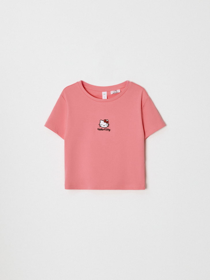 Укороченная футболка с принтом Hello Kitty для девочек. Фото №5