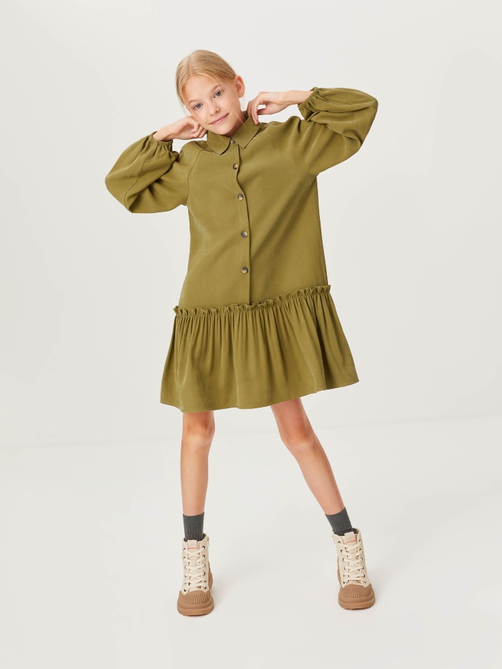 Вискозное платье с воротником для девочек (зеленый, 140/ 10-11 YEARS) от Sela