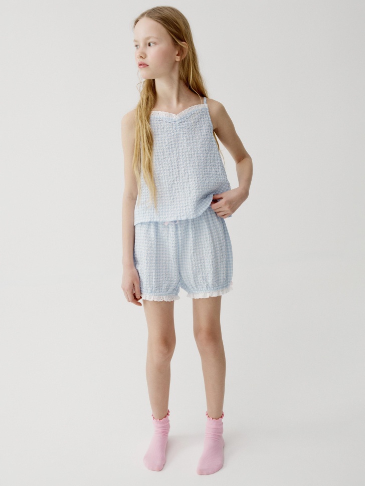 Пижама SELA хлопковая в клетку для девочки, голубой, арт. 45402