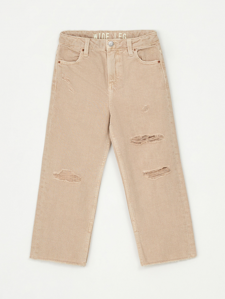 Рваные широкие джинсы для девочек (бежевый, 104)