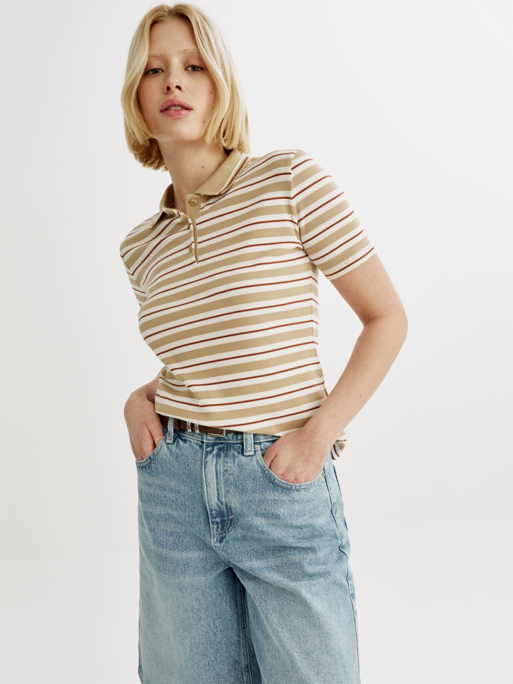 Поло Sela приталенное в полоску, бежевый, арт. 44909