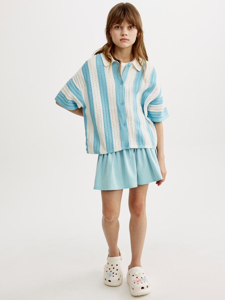 вязаная рубашка кроше в полоску для девочек от бренда sela вид слева