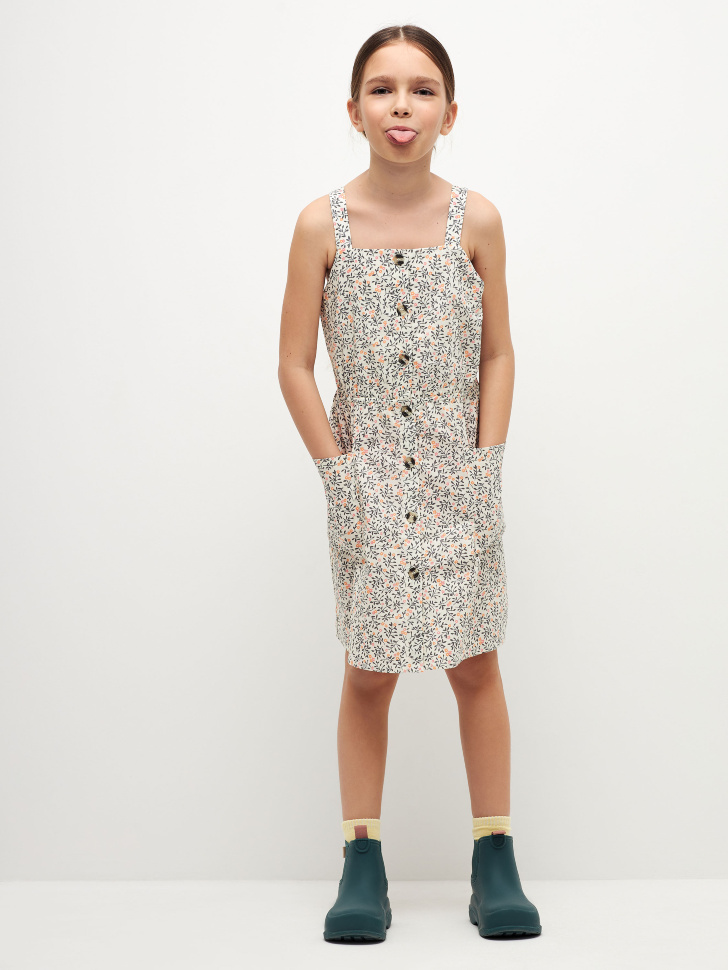 Хлопковое платье с принтом  для девочек (белый, 122) sela 4680129715236 - фото 6