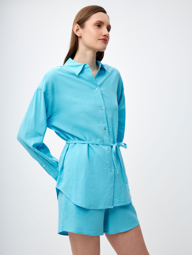 Оверсайз рубашка из смесового льна с поясом (голубой, XS) sela 4680168525988 - фото 4