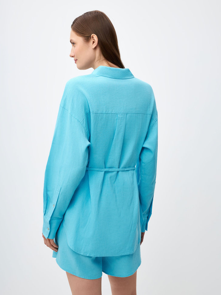 Оверсайз рубашка из смесового льна с поясом (голубой, XS) sela 4680168525988 - фото 5