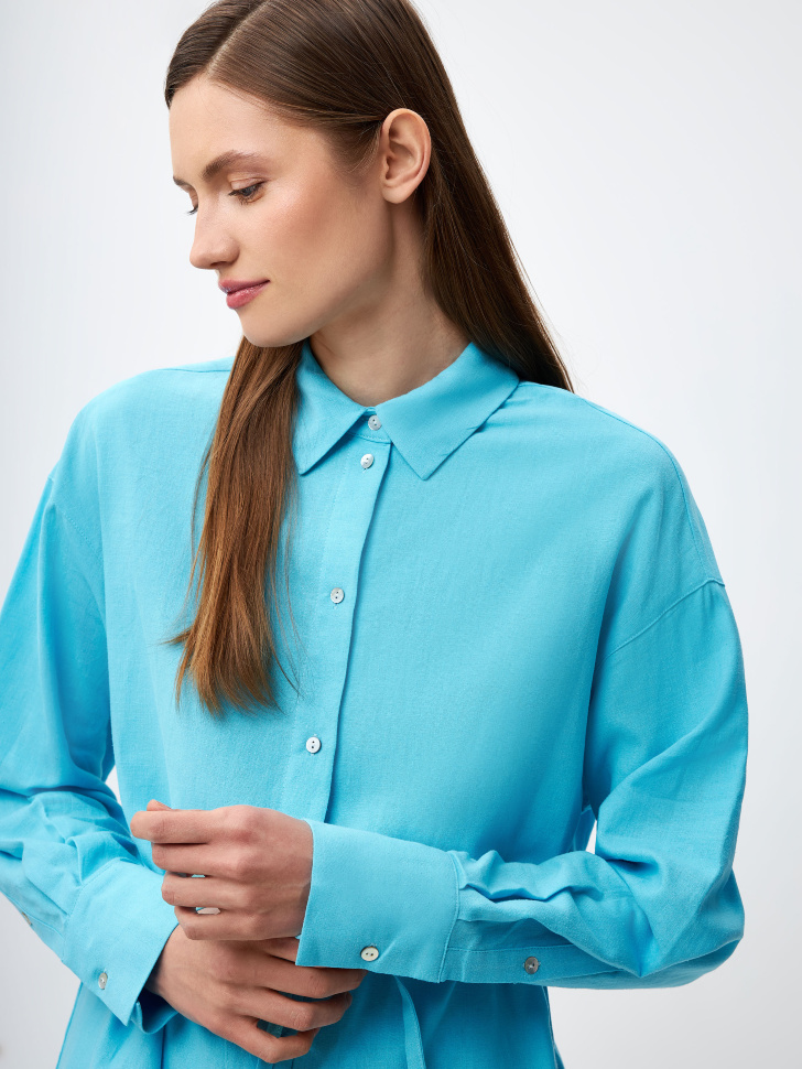 Оверсайз рубашка из смесового льна с поясом (голубой, XS) sela 4680168525988 - фото 6