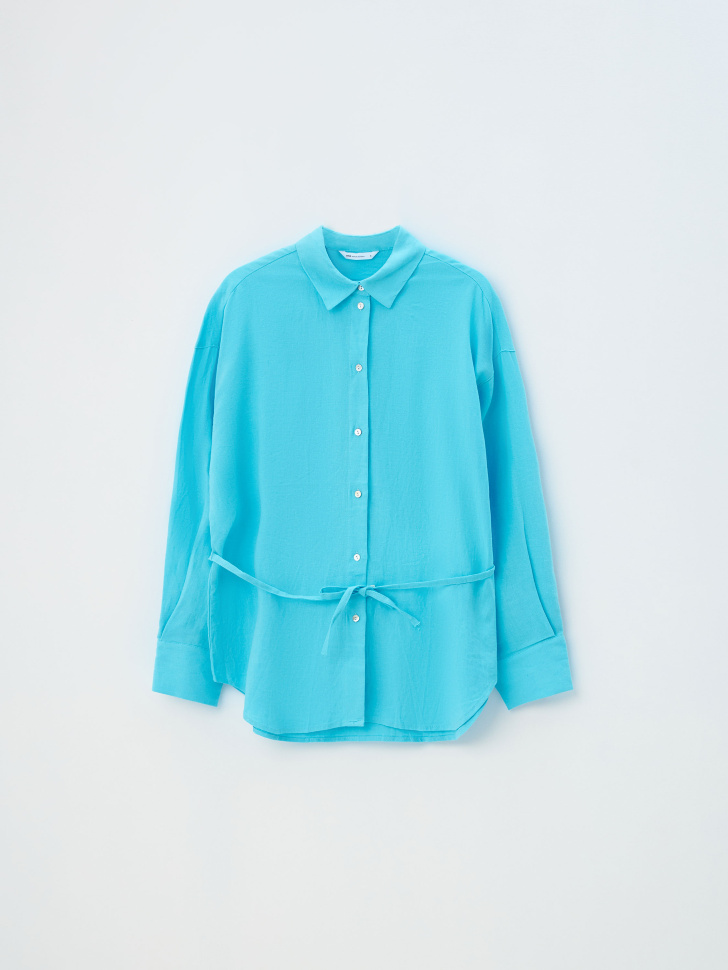 Оверсайз рубашка из смесового льна с поясом (голубой, XS) sela 4680168525988 - фото 8