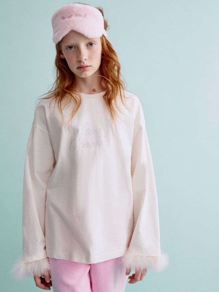 

Лонгслив оверсайз с перьями и стразами для девочек, SL5811050214