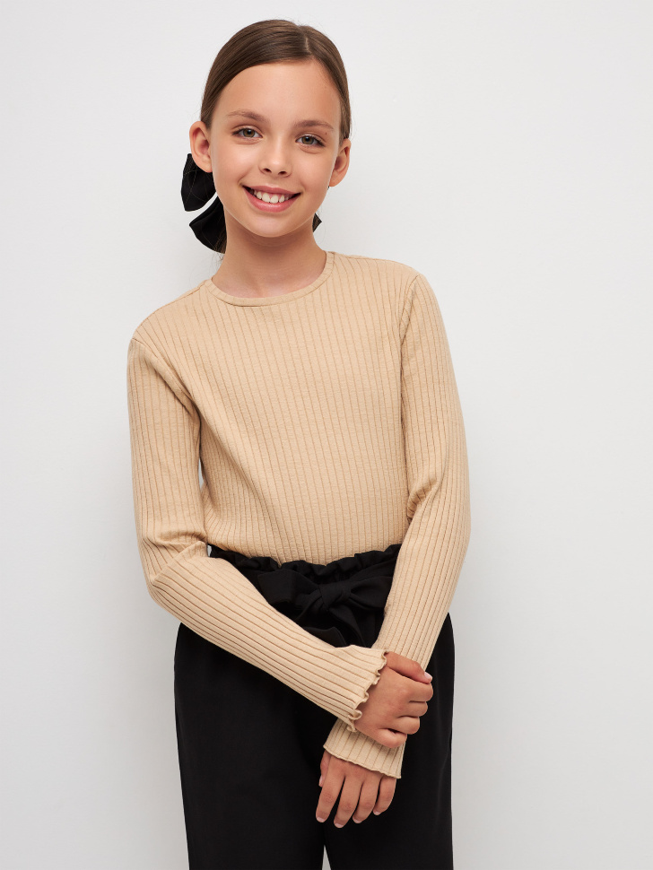 

Трикотажный лонгслив в рубчик для девочек, Бежевый