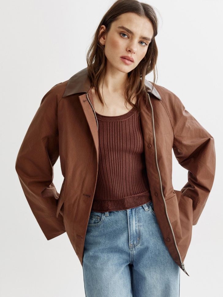 Куртка SELA с контрастным воротником из экокожи, коричневый, арт. 50454